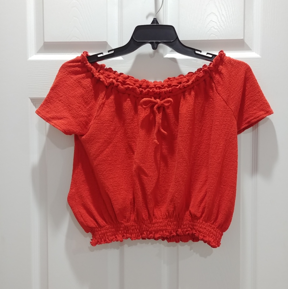 Madewell tangerine red-orange off-shoulder crop top peasant shape size XS
